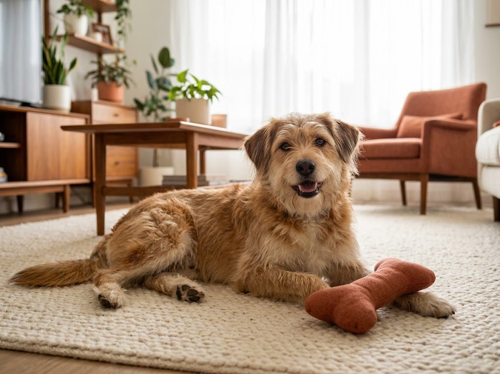 A happy dog resting calmly in a bright apartment living room